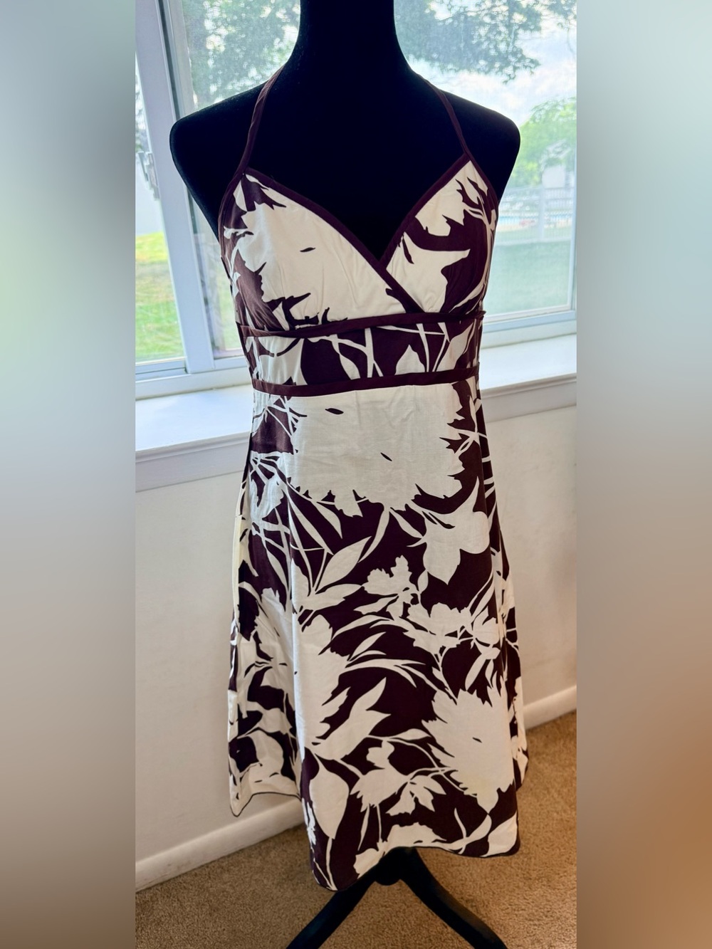 Y2K vintage summer halter sundress empire waist brown white tropical zip med - Picture 3 of 11